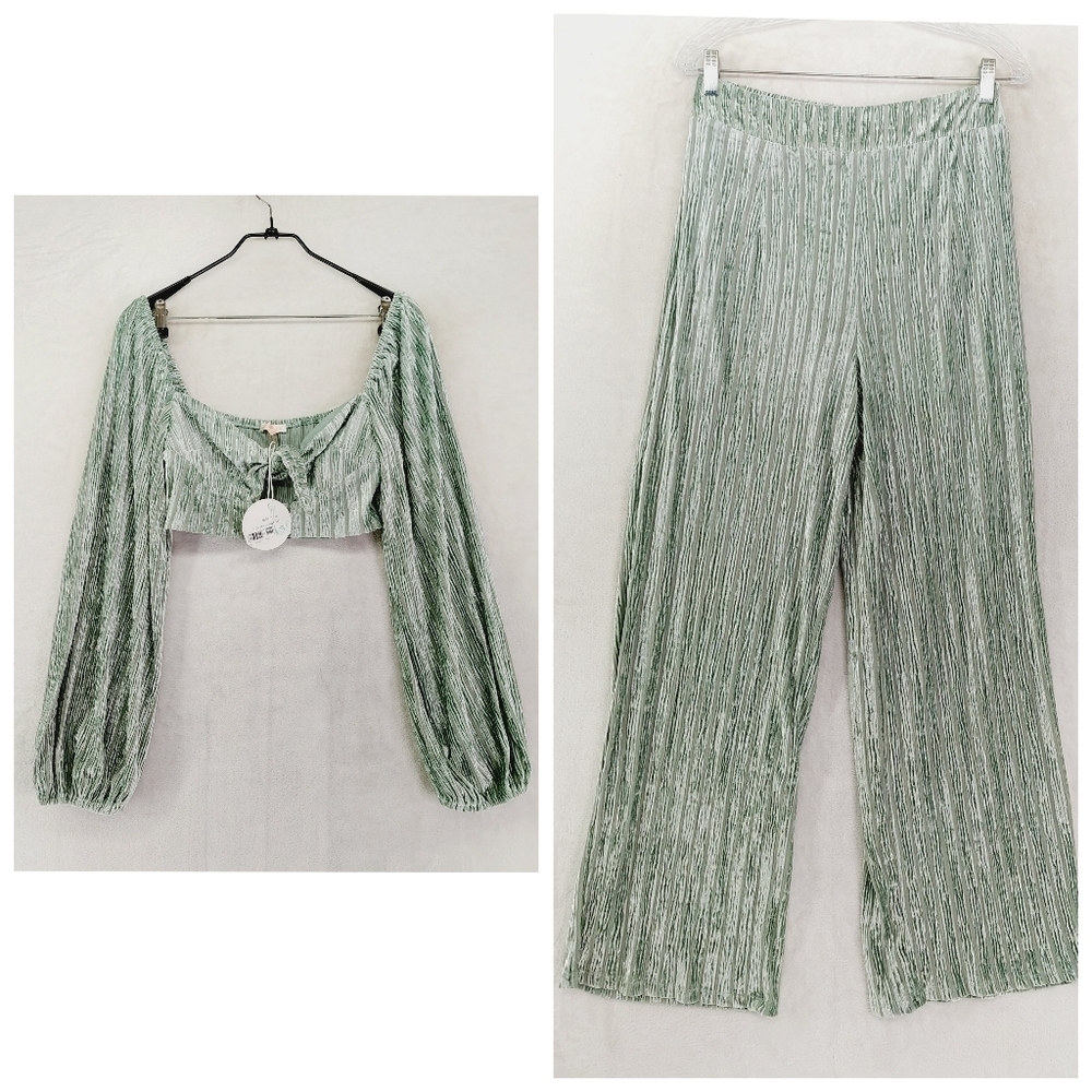 Luxxel Green Cropped Blouse & Wide Leg Pants Set 5668 & 6855